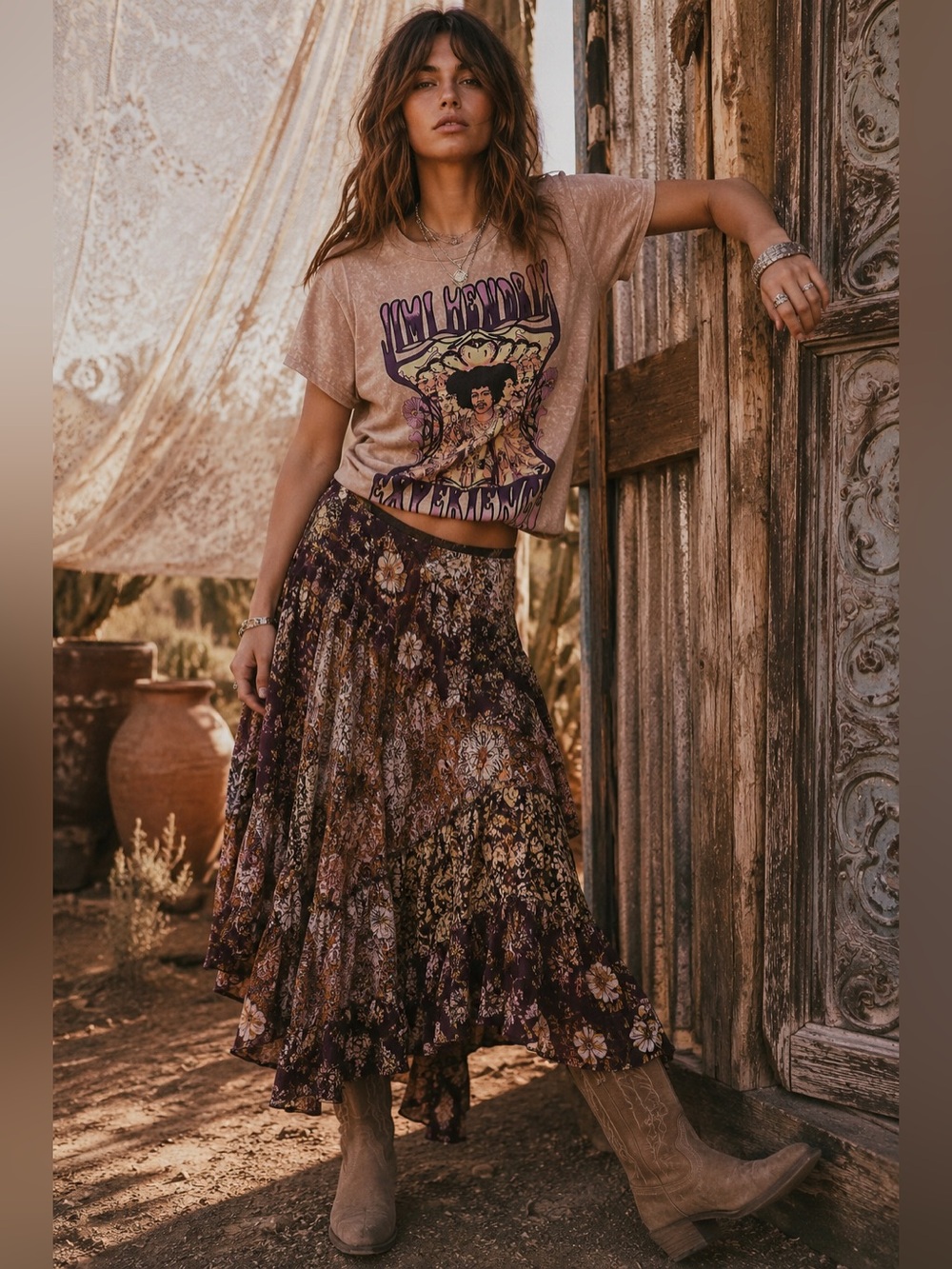 Boho boxy cropped Hendrix graphic music festival tee small